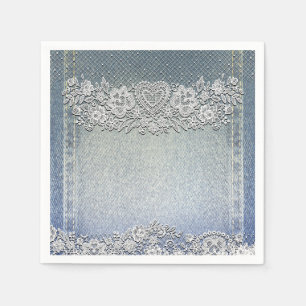 Blue Denim Jean & White Heart Lace Brautparty Serviette
