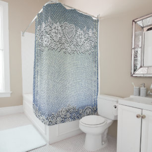 Blue Denim Jean & White Heart Lace Duschvorhang