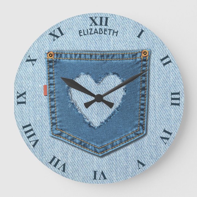 Blue Denim Jeans Pocket in Herzform Cooles Design Große Wanduhr (Vorderseite)
