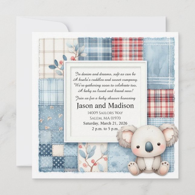 Blue Denim Koala Baby Shower Invitation Einladung (Vorderseite)
