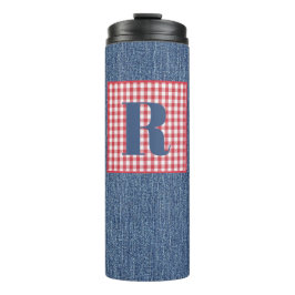 Blue Denim, Red & White Karo, Large Initial 12oz Thermosbecher