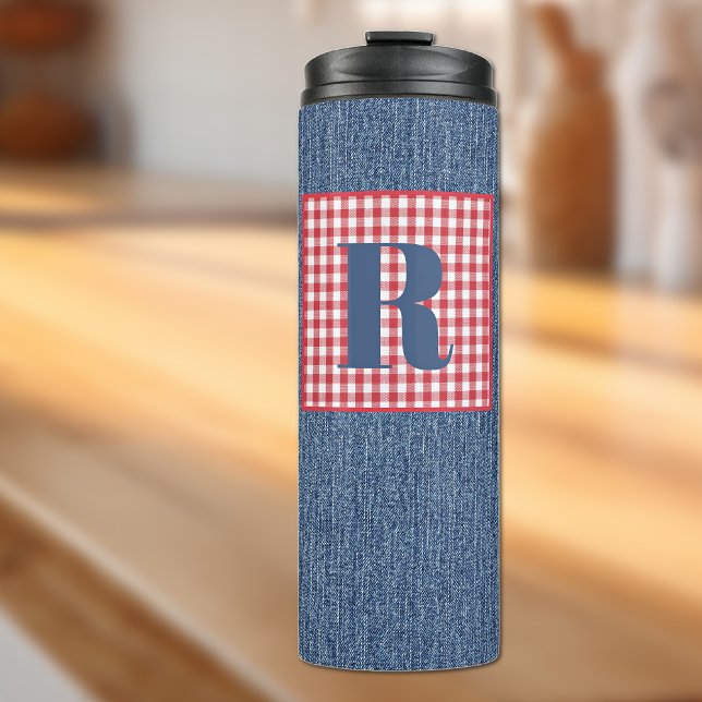 Blue Denim, Red & White Karo, Large Initial 12oz Thermosbecher (Von Creator hochgeladen)
