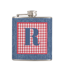 Blue Denim, Red & White Karo, Large Initial 6oz Flachmann