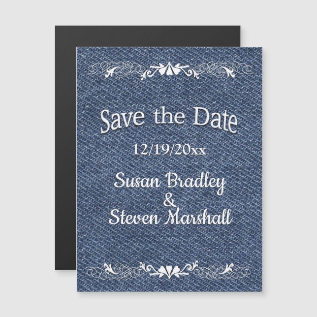 Blue Denim Save the Date Magneteinladung (Vorne/Hinten)