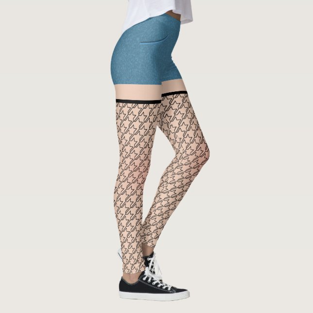 Blue Denim Shorts & Hahnentrittmuster Strumpfs Leggings (Rechts)