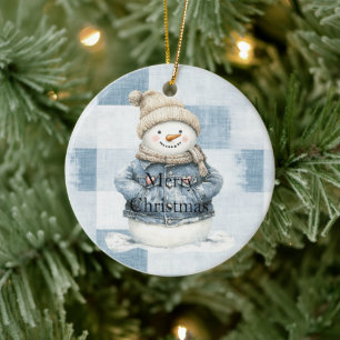 Blue Denim Snowman Christmas Keramik Ornament