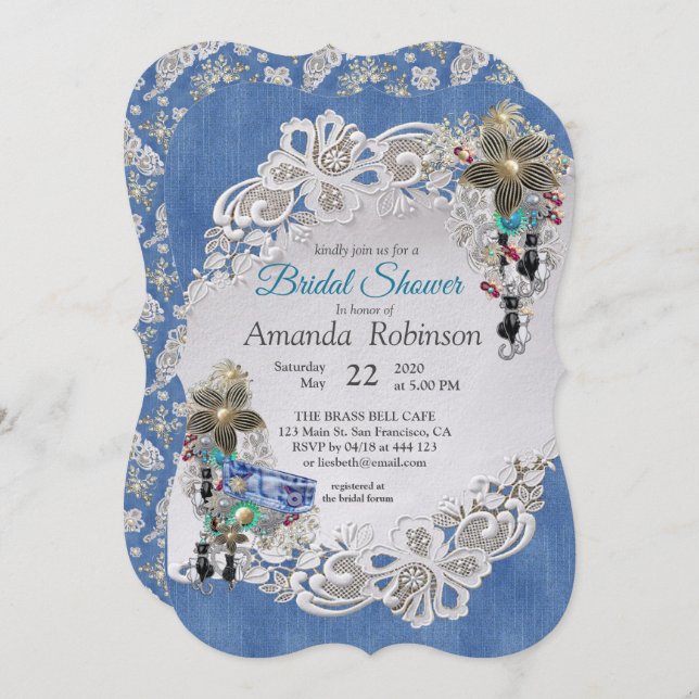 Blue Denim, Spitzen - Kostümschmuck Einladung (Vorne/Hinten)