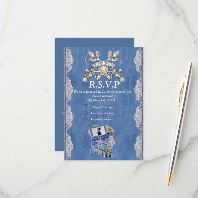 Blue Denim, Spitzen, Kostümschmuck & Kittens RSVP Karte (Vorderseite/Rückseite Beispiel)