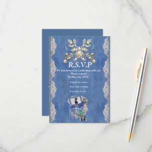 Blue Denim, Spitzen, Kostümschmuck & Kittens RSVP Karte