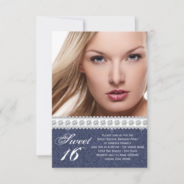 Blue Denim und Diamond 16 . Geburtstag Party Einladung (Vorderseite)