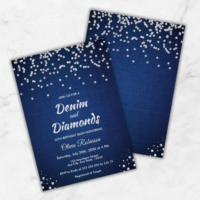 Blue Denim und Diamonds 50. Geburtstag Einladung (Blue Denim and Diamonds 50th Birthday Invitation   )