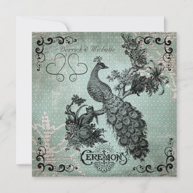 Blue Design Vintag Peacock Hochzeit Einladung (Vorderseite)