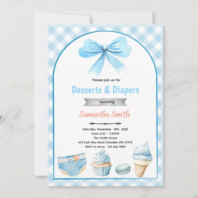 Blue Desserts and Diapers Baby shower Invitation Einladung (Vorderseite)