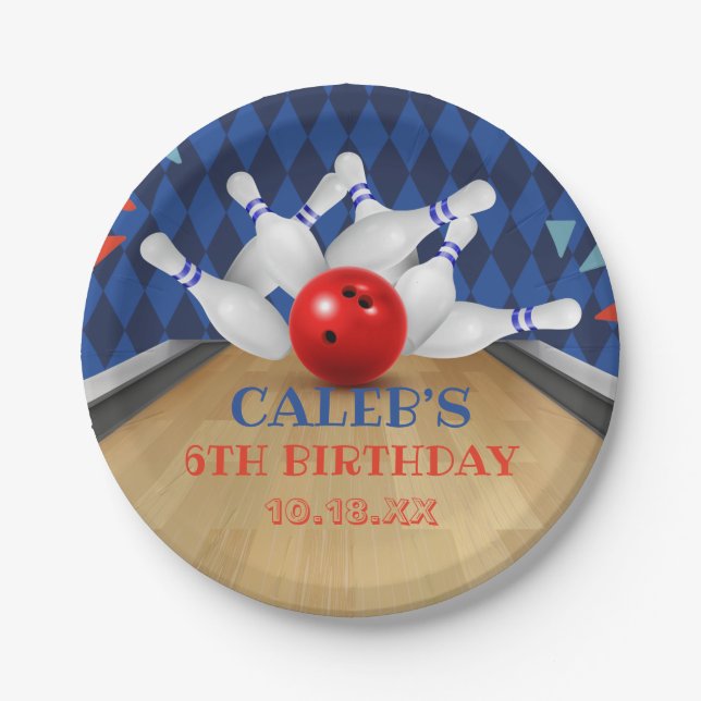Blue Diamond Stripe Lasse Strike Bowling Birthday Pappteller (Vorderseite)