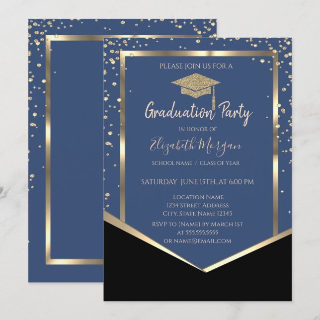 Blue, Diamonds Gold Graduation Cap Abschluss Einladung (Vorne/Hinten)