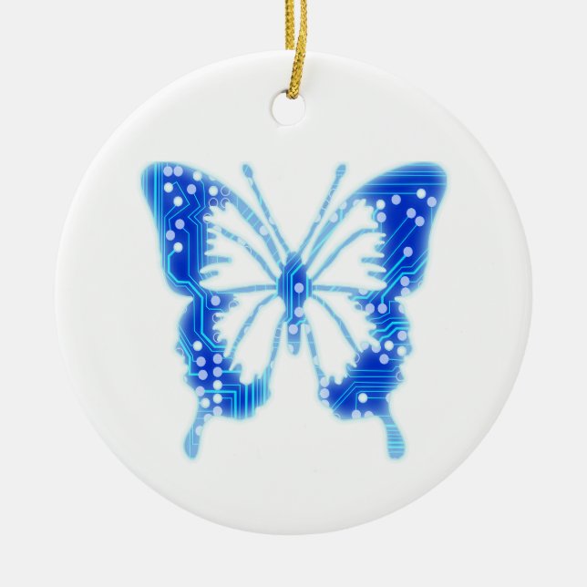 Blue Digital Butterfly, individueller Hintergrund Keramik Ornament (Vorne)