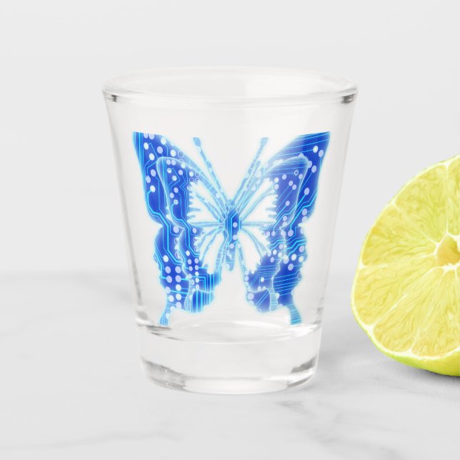 Blue Digital Butterfly, individueller Hintergrund Schnapsglas (Vorderseite)