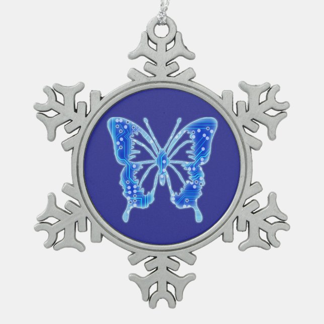 Blue Digital Butterfly, individueller Hintergrund Schneeflocken Zinn-Ornament (Vorderseite)
