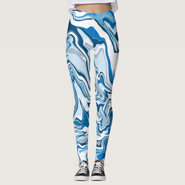 Blue Digital Fluid Art Marble Leggings (Vorderseite)