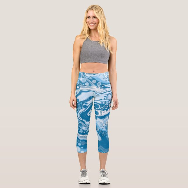 Blue Digital Fluid Art Marmor Pour Painting Cells Capri Leggings (Vorderseite)