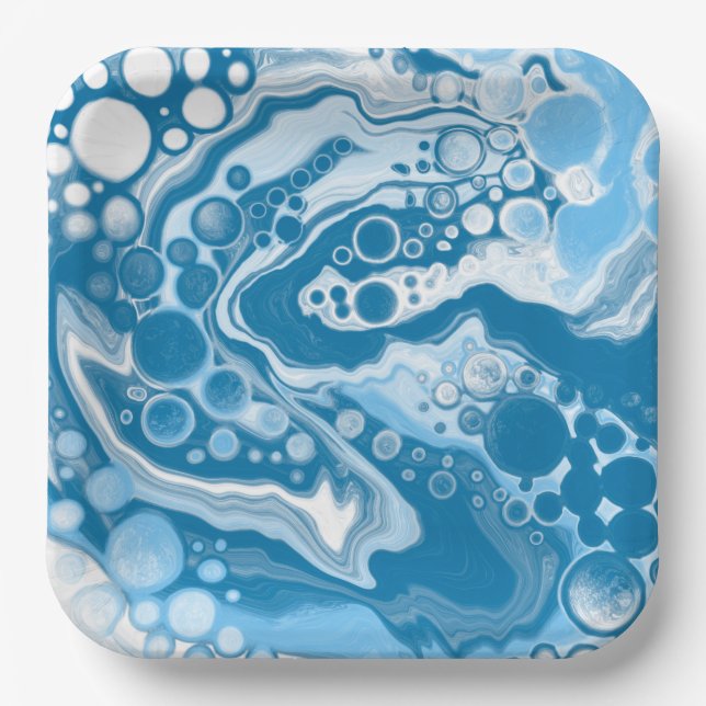 Blue Digital Fluid Art Marmor Pour Painting Cells Pappteller (Vorderseite)