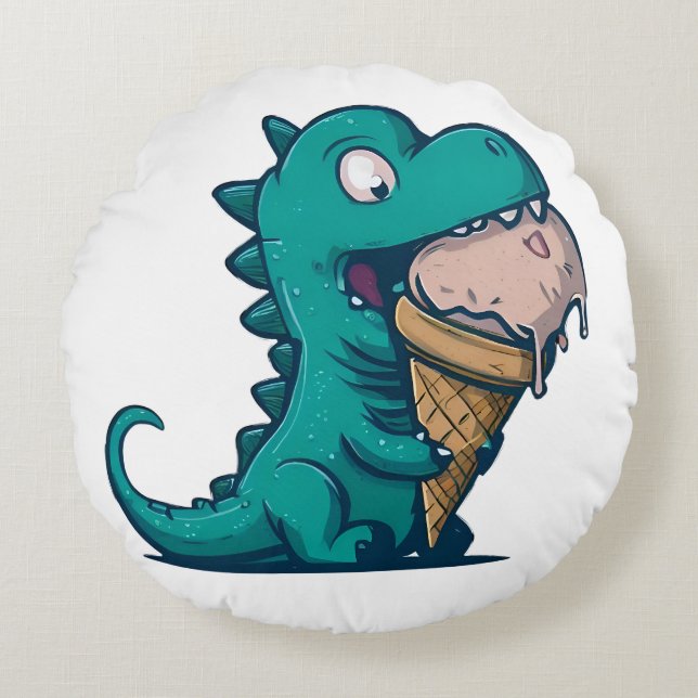 Blue Dino Liebe Ice Cresta: Cartoon Rundes Kissen (Vorderseite)