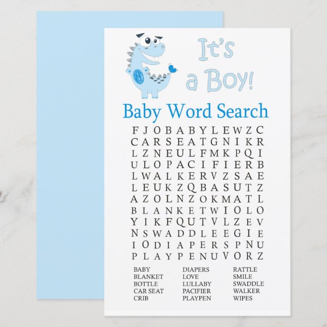 Blue Dinosaur Baby Dusche Word Search Game (Vorne/Hinten)