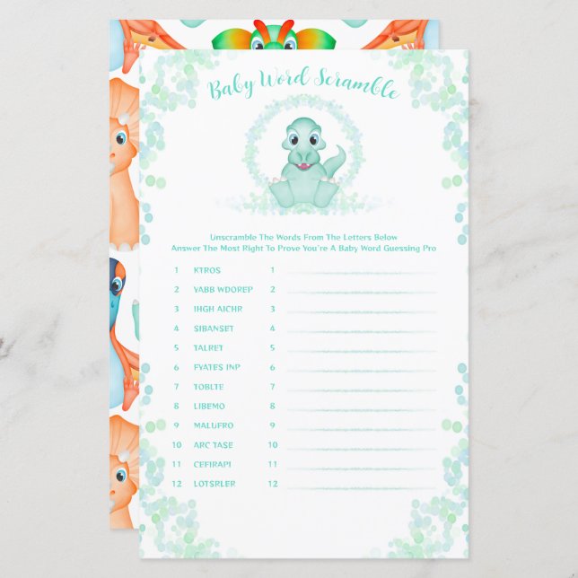 Blue Dinosaur Baby Word Scramble Baby Showspiel (Vorne/Hinten)