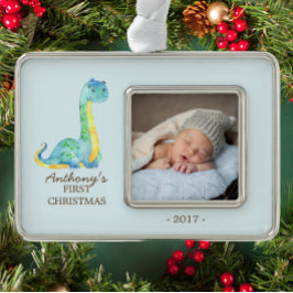 Blue Dinosaur Baby's 1. Weihnachts-Foto Ornament Rahmen-Ornament Silber