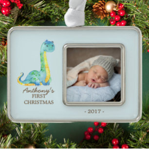 Blue Dinosaur Baby's 1. Weihnachts-Foto Ornament Rahmen-Ornament Silber