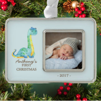 Blue Dinosaur Baby's 1. Weihnachts-Foto Ornament Rahmen-Ornament Silber