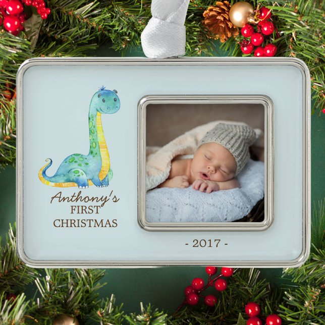 Blue Dinosaur Baby's 1. Weihnachts-Foto Ornament Rahmen-Ornament Silber (Von Creator hochgeladen)