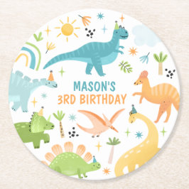 Blue Dinosaur Birthday Party Runder Pappuntersetzer