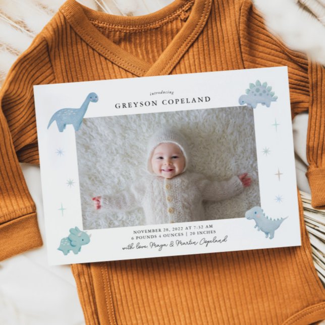 Blue Dinosaur Boy Baby Foto Geburtsankündigung Ankündigung (Von Creator hochgeladen)