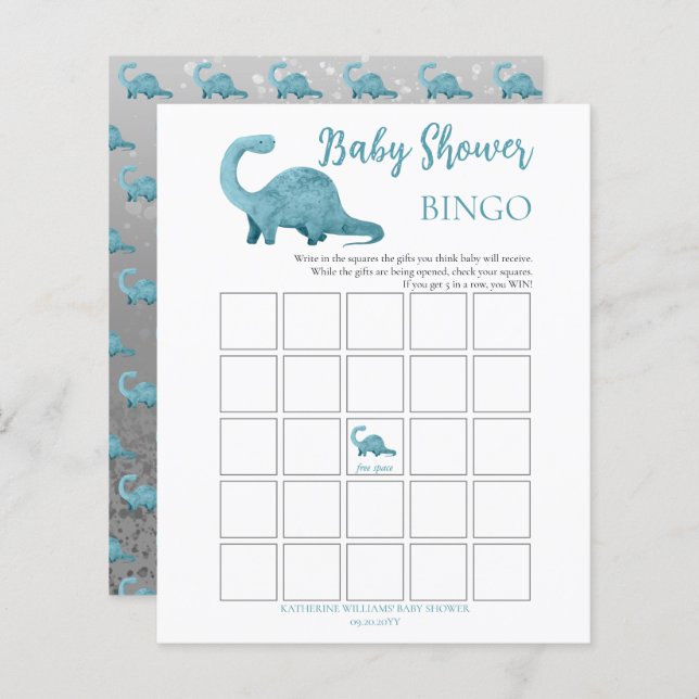 Blue Dinosaur Boy Baby Shower Bingo Card (Vorne/Hinten)