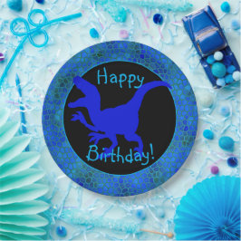 Blue Dinosaur Hide Happy Birthday! Pappteller