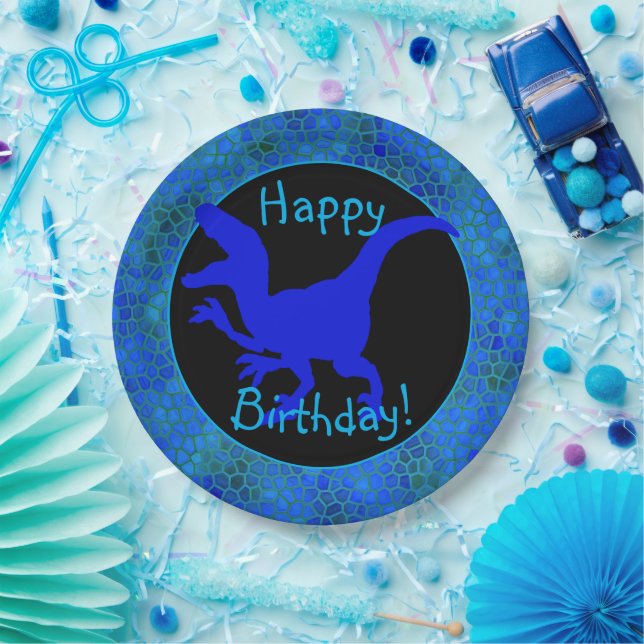 Blue Dinosaur Hide Happy Birthday! Pappteller (Party)