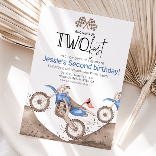 Blue Dirt Bike 2nd birthday - Growing up two fast Einladung (Blue dirt bike birthday invitation, growing up two fast)