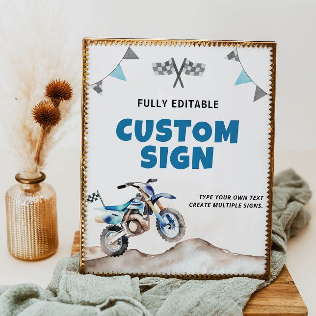 Blue Dirt Bike Boy Birthday Party Table Sign Poster (Von Creator hochgeladen)