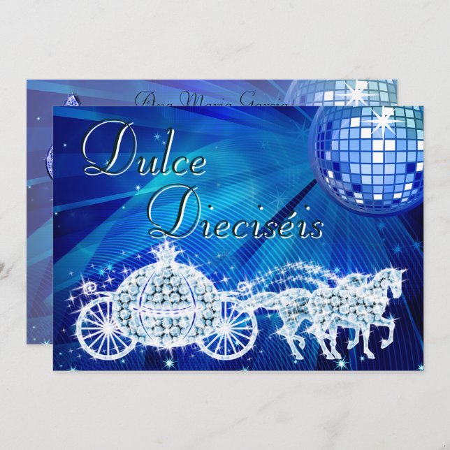 Blue Disco Ball, Princess Coach & Horses Sweet 16 Einladung (Vorne/Hinten)