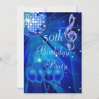 Blue Disco Ball und Ballons 50. Geburtstag Einladung