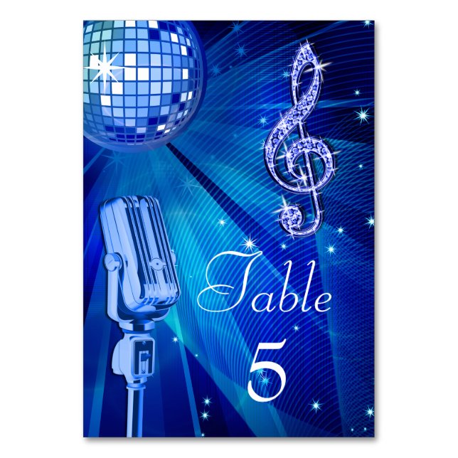 Blue Disco Ball und Retro Microphon Tischnummer (Vorderseite)