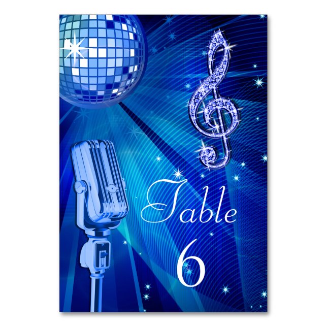 Blue Disco Ball und Retro Microphon Tischnummer (Vorderseite)