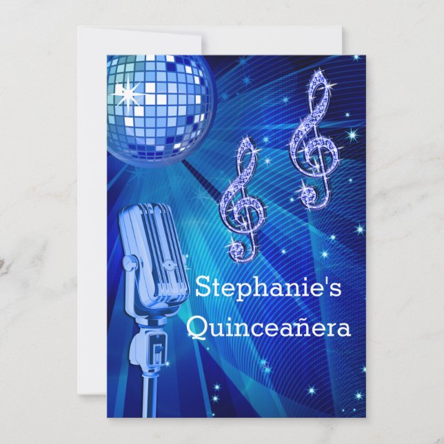 Blue Disco Ball und Retro Microphone Quinceañera Einladung (Vorderseite)