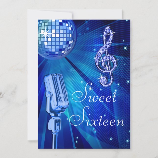 Blue Disco Ball und Retro Microphone Sweet 16 Einladung (Vorderseite)