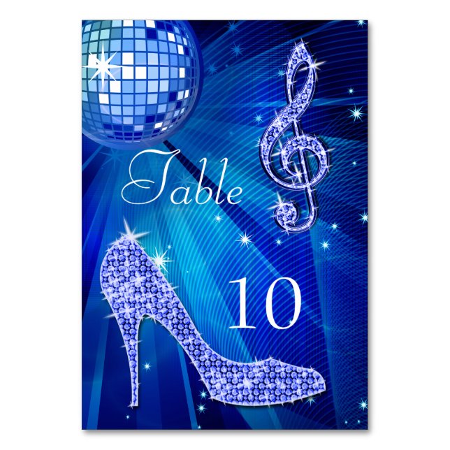 Blue Disco Ball und Stiletto Shoe Doppelseitig Tischnummer (Vorderseite)