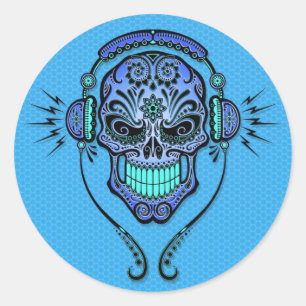 Blue DJ Sugar Skull Runder Aufkleber