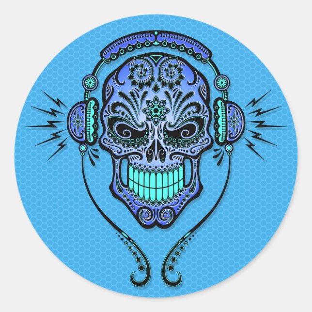 Blue DJ Sugar Skull Runder Aufkleber (Vorderseite)