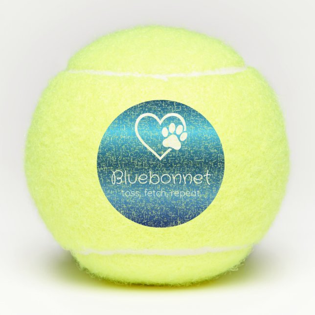 Blue Dog Name Tennis Ball 'toss, fetch, repeat' (Vorderseite)