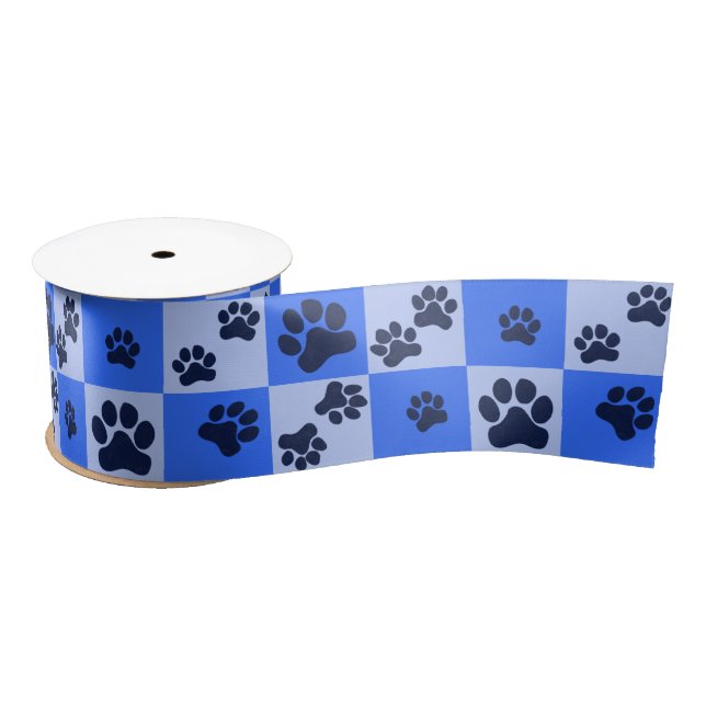 Blue Dog Paw Print Checkerboard Satinband (Spule)